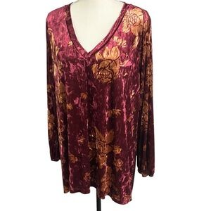 BloomChic sz 14-16 Velvet V-neck hi-low top, burgundy with gold flowers EUC